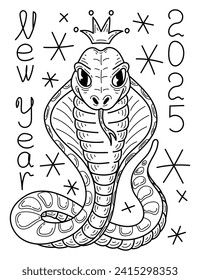 Coloring page New Year 2025 snake cobra Hand drawn sketch illustration.