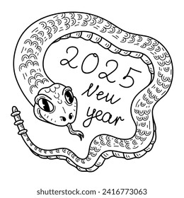 Coloring page New Year 2025 rattlesnake Hand drawn sketch illustration.