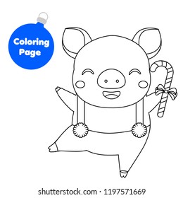 Coloring page. New Year pig holding candy cane. Educational children game. Drawing printable activity for kids, toddlers