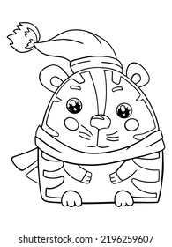 coloring page New Year's tiger in a hat and scarf vector doodle sketch isolated on a white background anti-stress for children and adults