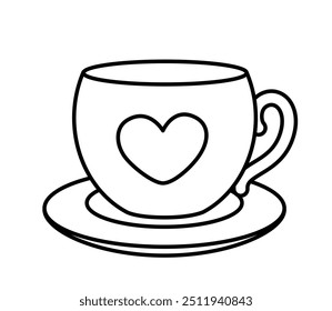 Coloring page. Nice cup with saucer. Black and white cup with heart. Color me. Isolated vector illustration eps 10