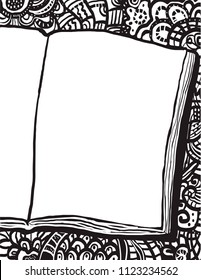 Coloring page with notebook and doodle background. Hand drawn illustration with place for drawing or text