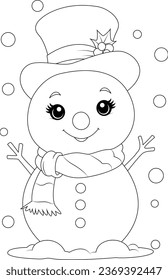 Coloring page a nowman with a scarf and hat