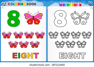 Coloring page number eight with colorful sample printable worksheet for preschool / kindergarten kids to improve basic coloring skills