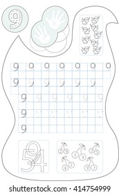 Coloring page number nine printable worksheet for preschool / kindergarten kids