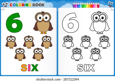 Coloring page number six with colorful sample printable worksheet for preschool / kindergarten kids to improve basic coloring skills