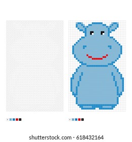 Coloring page with numbered squares. Pixel coloring hippo.  
 Game for preschool kids.  Vector illustration