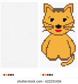 Coloring page with numbered squares. Pixel coloring cat.  
 Game for preschool kids.  Vector illustration