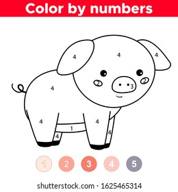 Coloring page with numbers. Cartoon kawaii character - funny pig. Farm animals. Educational game for preschool children.