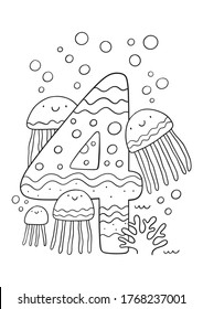 Coloring page - Numbers.  Education and fun for children's. Baby first numbers - colorize and count. Printable worksheet - 4 four with jellyfish  svg
