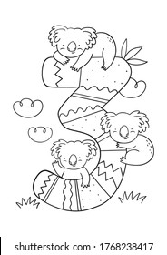 Coloring page - Numbers.  Education and fun for children's. Baby first numbers - colorize and count. Printable worksheet - 3 three with koalas