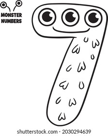 Coloring page - Numbers. Education and fun for children's. Baby first numbers - colorize and count. Printable worksheet - 7 seven with monsters 