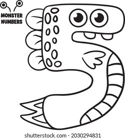 Coloring page - Numbers. Education and fun for children's. Baby first numbers - colorize and count. Printable worksheet - 5 five with monsters 