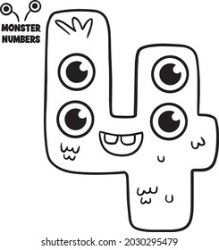 Coloring page - Numbers. Education and fun for children's. Baby first numbers - colorize and count. Printable worksheet - 4 four with monsters 
