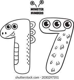 Coloring page - Numbers. Education and fun for children's. Baby first numbers - colorize and count. Printable worksheet - 
 - 17 seventeen with monsters