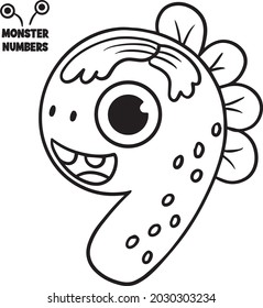 Coloring page - Numbers. Education and fun for children's. Baby first numbers - colorize and count. Printable worksheet - 9 nine with monsters 