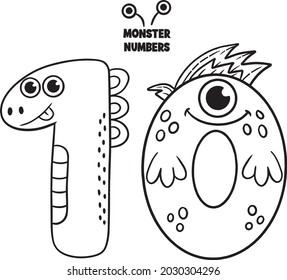 Coloring page - Numbers. Education and fun for children's. Baby first numbers - colorize and count. Printable worksheet - 10 ten with monsters 