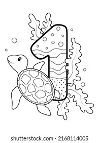 Coloring page - Numbers. Education and fun for childrens. Printable worksheet -1 one with a turtle.