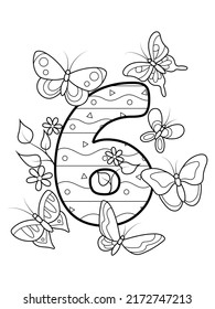 Coloring Page - Numbers. Education And Fun For Childrens. Printable Sheet - 6 Six And Butterflies