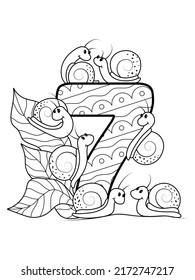 Coloring Page - Numbers. Education And Fun For Childrens. Printable Sheet - 7 Seven And Snails On Foliage