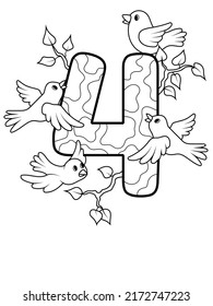Coloring page - Numbers. Education and fun for childrens. Printable sheet - 4 four and birds svg