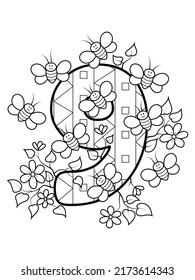 Coloring Page - Numbers. Education And Fun For Childrens. Printable Sheet - 9 Nine And Bees.