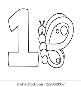 Coloring page - Numbers. Education and fun for children's. Baby first numbers - colorize and count. Printable worksheet -1 one with a butterfly