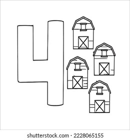 Coloring page - Numbers. Education and fun for children's. Baby first numbers - colorize and count. Printable worksheet - 4 four with house