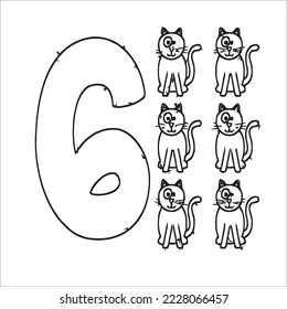 Coloring page - Numbers. Education and fun for children's. Baby first numbers - colorize and count. Printable worksheet - 6 Six with cats 