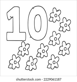 Coloring page - Numbers. Education and fun for children's. Baby first numbers - colorize and count. Printable worksheet - 10 ten  with flowers