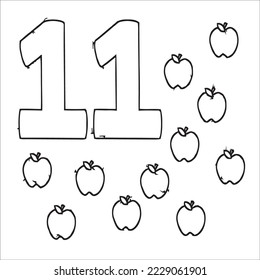 Coloring page - Numbers. Education and fun for children's. Baby first numbers - colorize and count. Printable worksheet -11 eleven  with apples