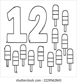 Coloring page - Numbers. Education and fun for children's. Baby first numbers - colorize and count. Printable worksheet - 12 twelve with ice-cream