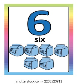 Coloring page - Numbers. Education and fun for children's. Baby first numbers - colorize and count. Printable worksheet - 6 six with milk