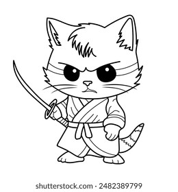 coloring page with the object of a cat wearing a kimono while holding a sword