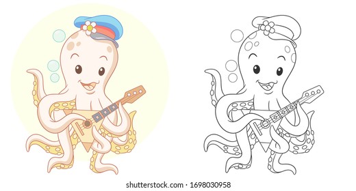 Coloring page with octopus. Cartoon animal. Clipart set for nursery poster, t shirt print, kids apparel, greeting card, label, patch or sticker. Vector illustration.