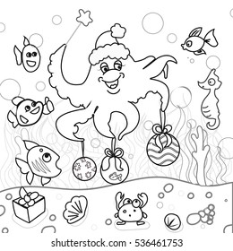 Coloring page with octopus and his friends celebrating X-Mas. Vector illustration.