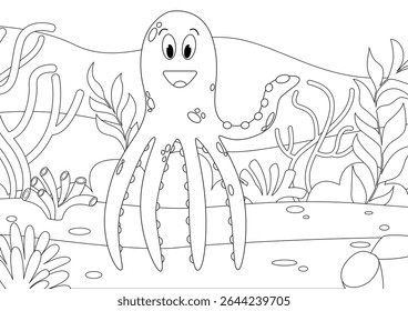 Coloring page with octopus on the seabed