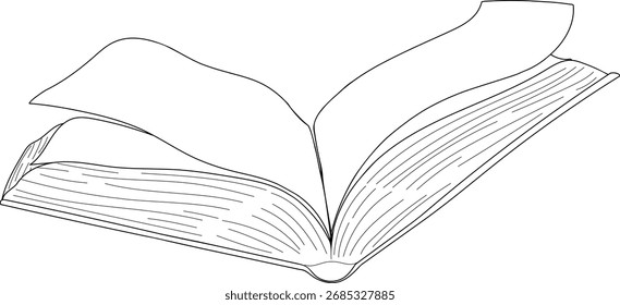 Coloring page with old open book with blank pages isolated on white background	