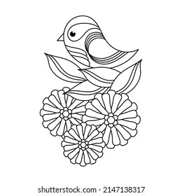 Coloring page for older children. Cute Birds and flowers. Vector illustration