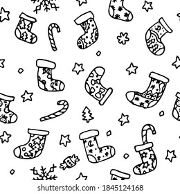 Coloring page on a Christmas theme, New Year's decor, traditions.pattern. Socks.Graphic sketch seamless background.Christmas sock in Doodle style. Hand drawn.