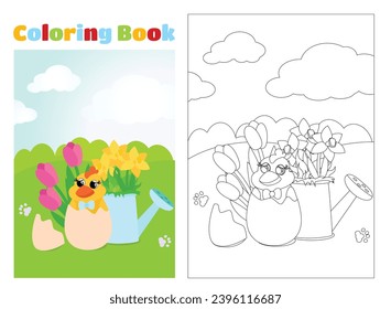 Coloring page. On a green meadow there is a charming chicken and a watering can and flowers tulips and daffodils. Vertical banner for spring holiday.