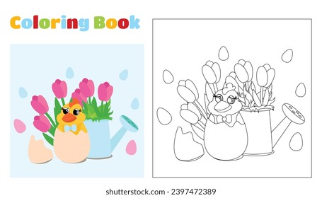 Coloring Page. On a green meadow there is a charming chicken and a watering can and flowers tulips and daffodils. Vertical banner for spring holiday.