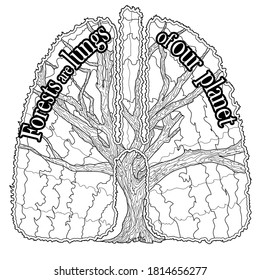 Colorear una página sobre temas sociales, problemas ambientales con la cita Los bosques son pulmones de nuestro planeta. Árbol de ilustraciones de líneas vectoriales y hojas. Esbozo de contorno negro ilustra Aislado sobre fondo blanco