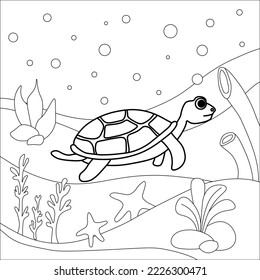 coloring page on the theme of the aquatic world with the image of a turtle