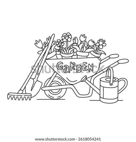 A coloring page on the theme of gardening. Garden wheelbarrow, flower pots, gardening tools and watering can.