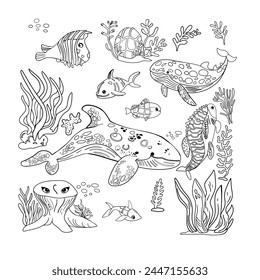 Coloring page on the theme of the sea. Fish and coral, including fish, shellfish, octopus