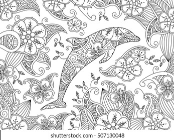 Coloring page with one jumping dolphin on floral background. Horizontal composition. Coloring book for adult and older children. Editable vector illustration.