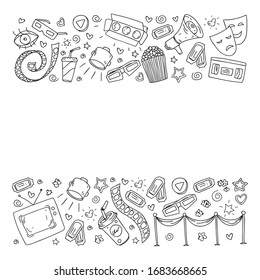 Coloring page. Online internet cinema pattern with vector icons for wrapping paper, posters, banners, leaflets. 3d movie, tv, musical.