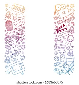 Coloring page. Online internet cinema pattern with vector icons for wrapping paper, posters, banners, leaflets. 3d movie, tv, musical.