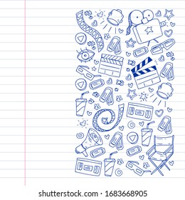Coloring page. Online internet cinema pattern with vector icons for wrapping paper, posters, banners, leaflets. 3d movie, tv, musical.